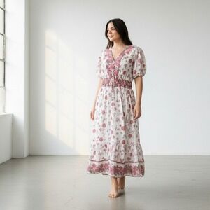 LéA Womens 1X Floral Cotton Midi‎ Dress Pink Red Rose Smocked Waist Boho 0454